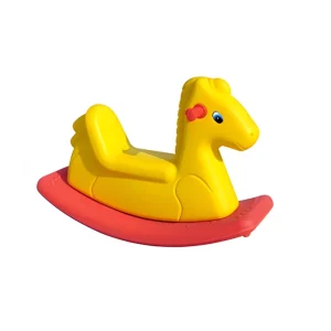 للصورة: حصان هزاز للأطفال – لعبة تأرجح صفراء بقاعدة حمراء بتصميم آمن