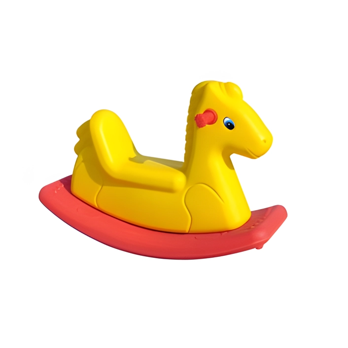 للصورة: حصان هزاز للأطفال – لعبة تأرجح صفراء بقاعدة حمراء بتصميم آمن